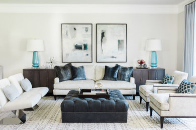 This is an example of a large classic formal open plan living room in Baltimore with grey walls, dark hardwood flooring, no fireplace, no tv and black floors.