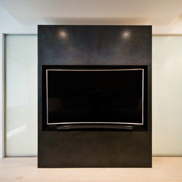 TV Room Niche with Glass Pocket Doors