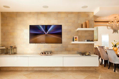 Living room - large modern formal and open concept ceramic tile living room idea in Miami with beige walls and a wall-mounted tv