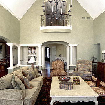 Two Story Family Room with Bowed Balcony Overlook from Second Floor