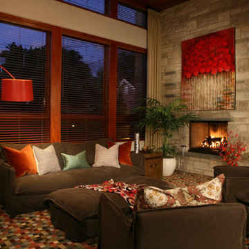 Two Story Family Room with Custom Wood blinds and Stationary Panels to Soften