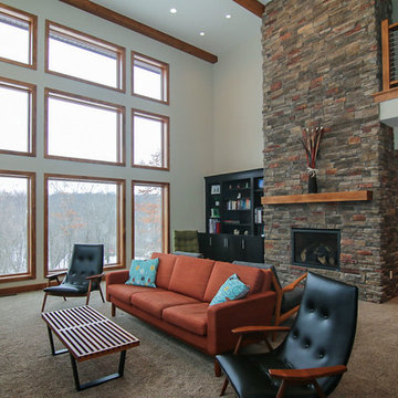 Two Story Stacked Stone Fireplace