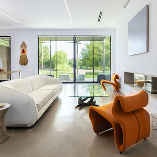 Living room - mid-sized contemporary formal and open concept gray floor and concrete floor living room idea in Dallas with white walls, a ribbon fireplace, a plaster fireplace and no tv