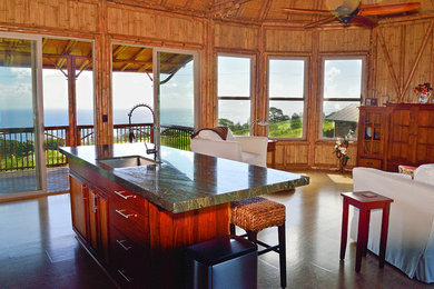 Living room - tropical open concept cork floor living room idea in Hawaii with no fireplace and no tv