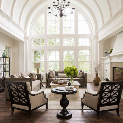 Elegant formal and open concept dark wood floor living room photo in Minneapolis with white walls, a standard fireplace, a tile fireplace and no tv