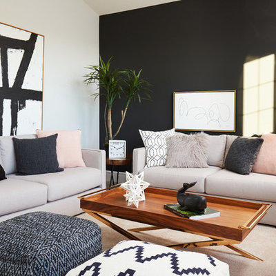Inspiration for a small transitional formal and enclosed carpeted and beige floor living room remodel in Edmonton with black walls