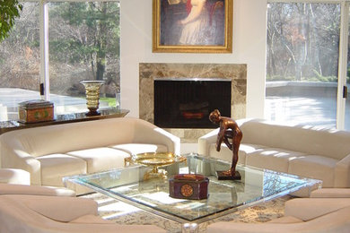 Living room - large transitional formal and open concept ceramic tile living room idea in New York with white walls, a standard fireplace and a stone fireplace