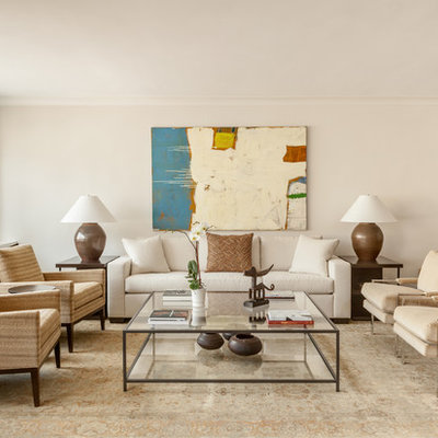 Living room - large transitional open concept and formal dark wood floor and brown floor living room idea in New York with beige walls and a wall-mounted tv