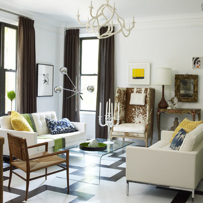 Example of an eclectic multicolored floor living room design in New York with white walls