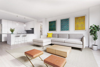 Immagine di un soggiorno eclettico di medie dimensioni e aperto con pareti bianche, parquet chiaro, nessun camino e pavimento beige