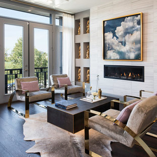 Trendy formal dark wood floor and black floor living room photo in DC Metro with a ribbon fireplace, a tile fireplace and no tv