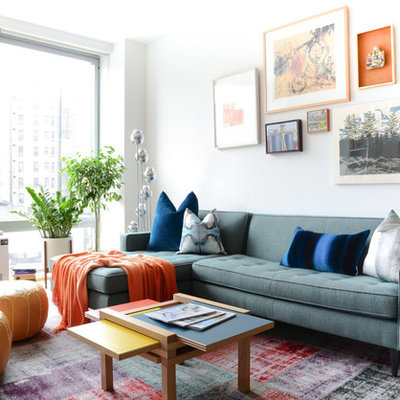 Living room - contemporary living room idea in New York with white walls
