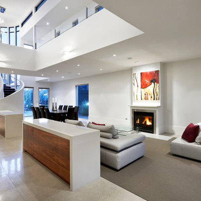 Example of a large trendy formal and open concept living room design in Melbourne with white walls, a standard fireplace and a metal fireplace