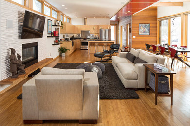 Example of a trendy medium tone wood floor living room design in Minneapolis
