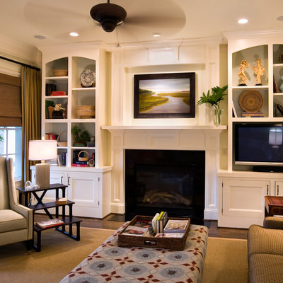 Inspiration for a mid-sized timeless open concept dark wood floor and brown floor living room remodel in Charleston with a standard fireplace, a media wall, white walls and a stone fireplace