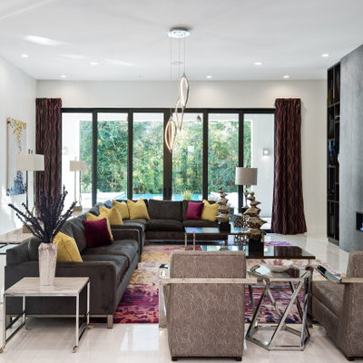 Living room - large contemporary formal beige floor living room idea in Orlando with white walls, a ribbon fireplace, a tile fireplace and no tv