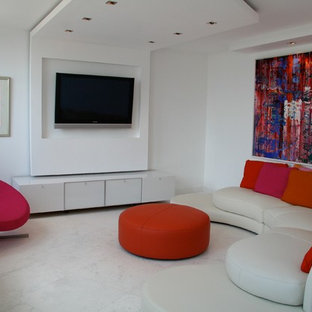 Mid-sized minimalist marble floor living room photo in Miami with white walls, no fireplace and a wall-mounted tv