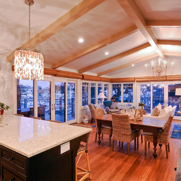 Vaulted ceiling in great room with harbor view