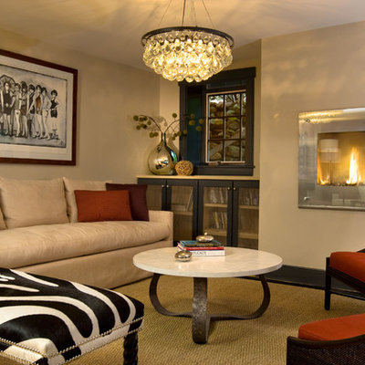 Living room - huge contemporary light wood floor living room idea in Boston with brown walls, no fireplace and no tv