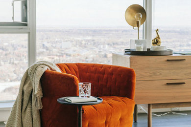 Living room - eclectic open concept dark wood floor living room idea in Calgary with a bar