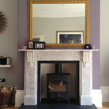 Victorian classical corbelled Carara marble fire surround with stove