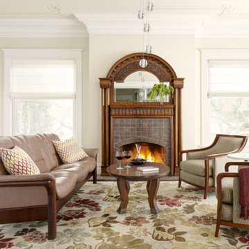 Victorian Eclectic Living Room With Wood Burning Fireplace