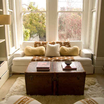 Living room library - victorian open concept living room library idea in San Francisco with gray walls