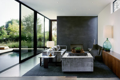 Immagine di un soggiorno moderno di medie dimensioni e aperto con pareti bianche, camino classico e nessuna TV