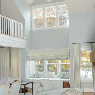 Living room - mid-sized coastal open concept and formal light wood floor living room idea in Boston with blue walls