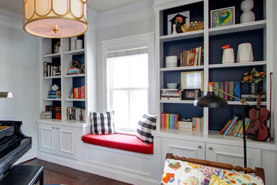 Example of a mid-sized transitional open concept dark wood floor living room design in Denver with a music area, blue walls, no fireplace and no tv