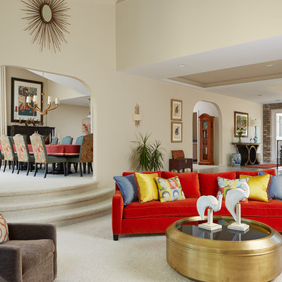 Large eclectic formal and open concept carpeted living room photo in Minneapolis with beige walls and no tv