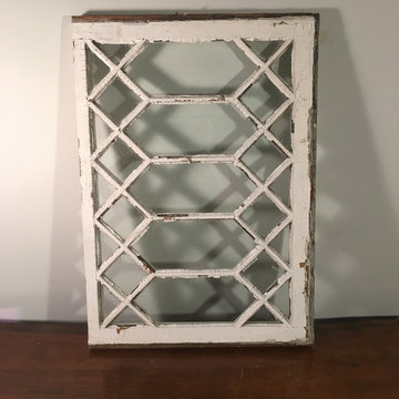 Vintage White Wood Diamond 1800's Window Mullioned Frame Glass Old Antique