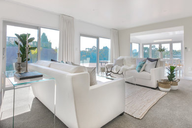 Mittelgroßes, Repräsentatives, Fernseherloses, Offenes Maritimes Wohnzimmer mit weißer Wandfarbe und Teppichboden in Wellington