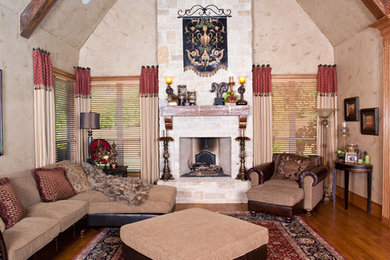 Inspiration for a transitional living room remodel in Dallas with a standard fireplace and a brick fireplace