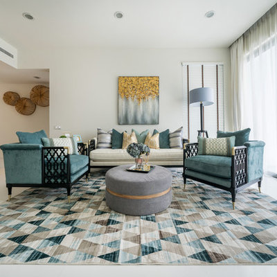 Inspiration for a contemporary formal and open concept white floor living room remodel in Singapore with white walls
