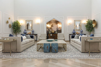 Example of a classic formal marble floor, beige floor and wallpaper living room design in Albuquerque with gray walls