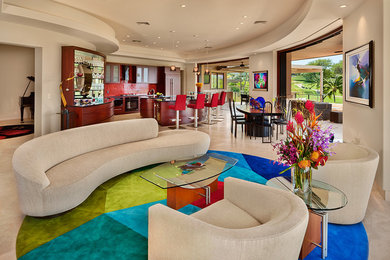 Large trendy open concept travertine floor living room photo in Hawaii with beige walls