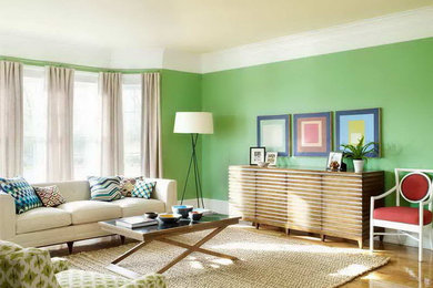 Living room - large modern formal and open concept light wood floor living room idea in DC Metro with green walls, no fireplace and no tv