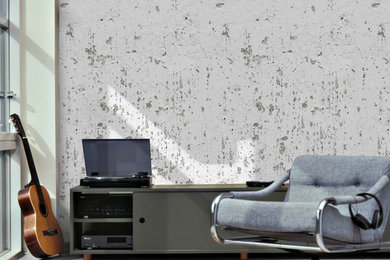 Großes, Fernseherloses, Offenes Industrial Wohnzimmer mit beiger Wandfarbe, Laminat und blauem Boden in Manchester