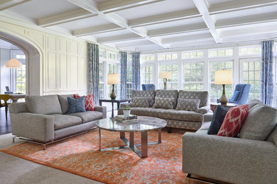 Inspiration for a large transitional formal and enclosed carpeted and brown floor living room remodel in Boston with white walls, no fireplace and no tv
