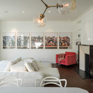 Living room - contemporary dark wood floor living room idea in San Francisco with white walls and a standard fireplace