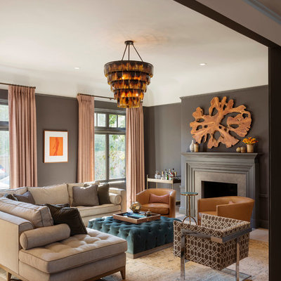 Living room - transitional living room idea in San Francisco with gray walls and a standard fireplace