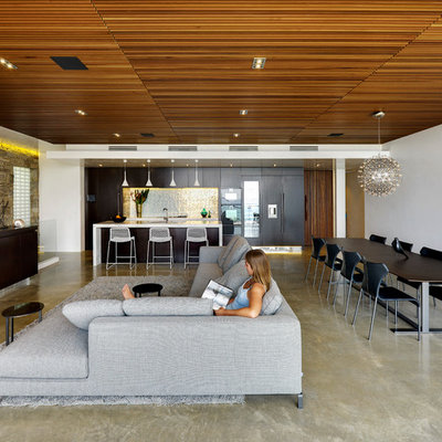 Inspiration for a mid-sized contemporary open concept concrete floor and gray floor living room remodel in Gold Coast - Tweed with white walls and no fireplace