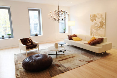 Trendy light wood floor living room photo in New York with white walls