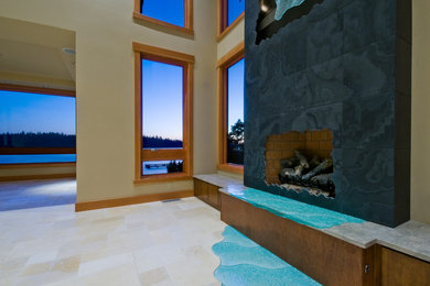Waterfall over fireplace at the living room with great ambience