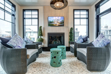 Example of a large trendy open concept living room design in Calgary with a ribbon fireplace, a tile fireplace and a wall-mounted tv