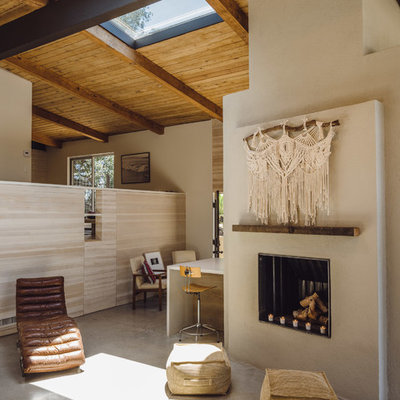 Mid-sized trendy open concept concrete floor and gray floor living room photo in Los Angeles with white walls, a standard fireplace, a plaster fireplace and no tv