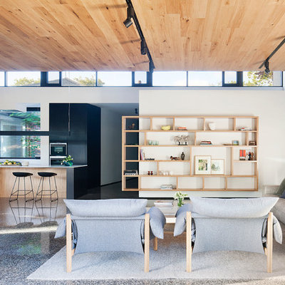 Living room - mid-sized open concept living room idea in Melbourne with white walls