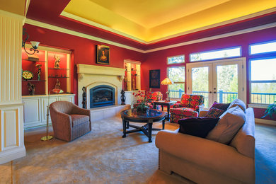 Mid-sized elegant open concept carpeted living room photo in Sacramento with a standard fireplace, a tile fireplace and a concealed tv