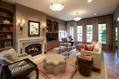 Living room library - mid-sized transitional enclosed terra-cotta tile living room library idea in Houston with a standard fireplace, a tile fireplace and no tv